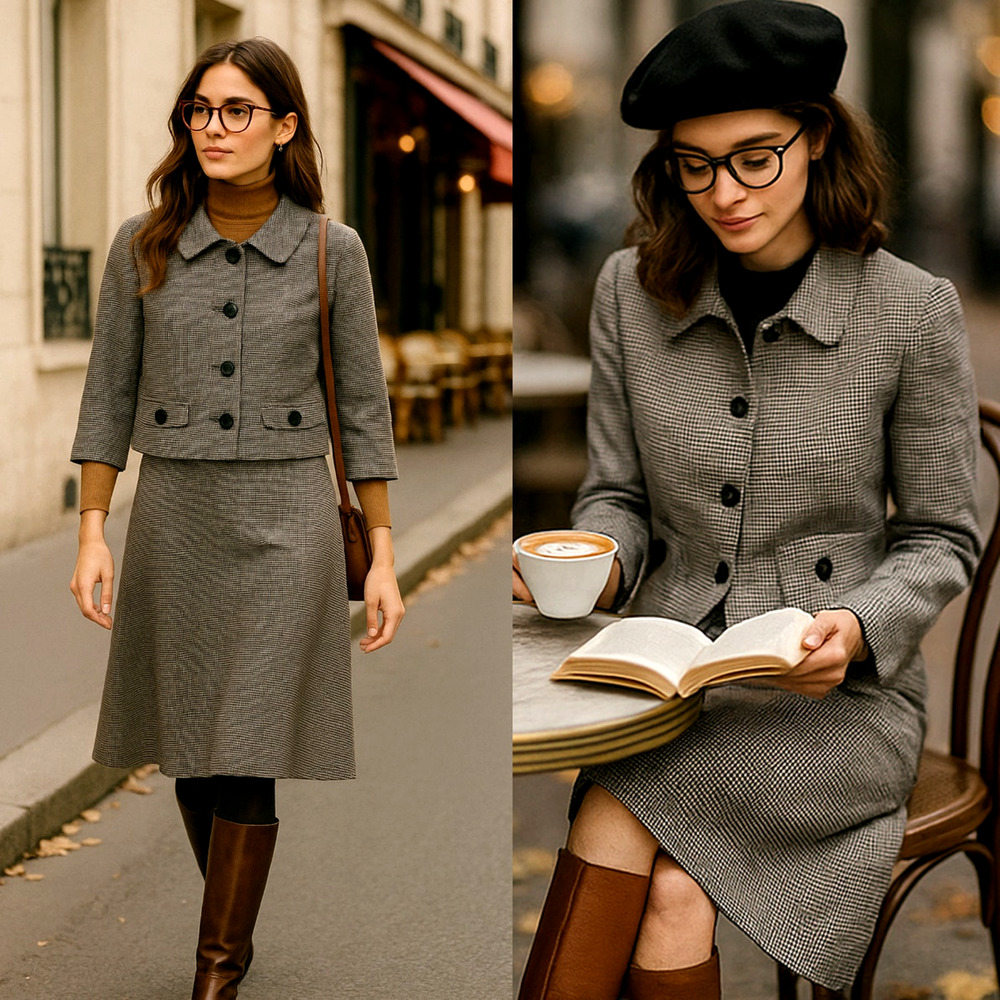 Houndstooth Matching Wool Skirt Suit Set 4 Vintage 60s/70s Sezane Style Black